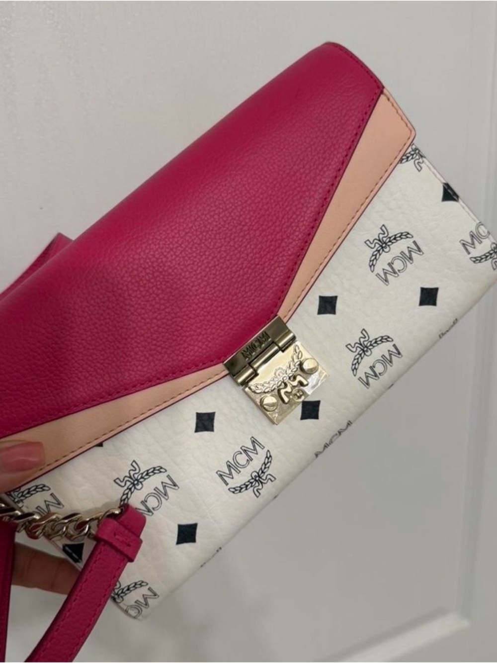 MCM Pink, Blush and White Logo Leather Crossbody Clutch with Gold Hardware